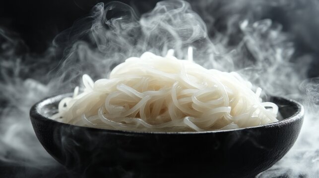 A bowl filled with translucent rice noodles emerges from the steam, evoking hunger and warmth. The dark backdrop enhances their delicate texture and invites culinary exploration