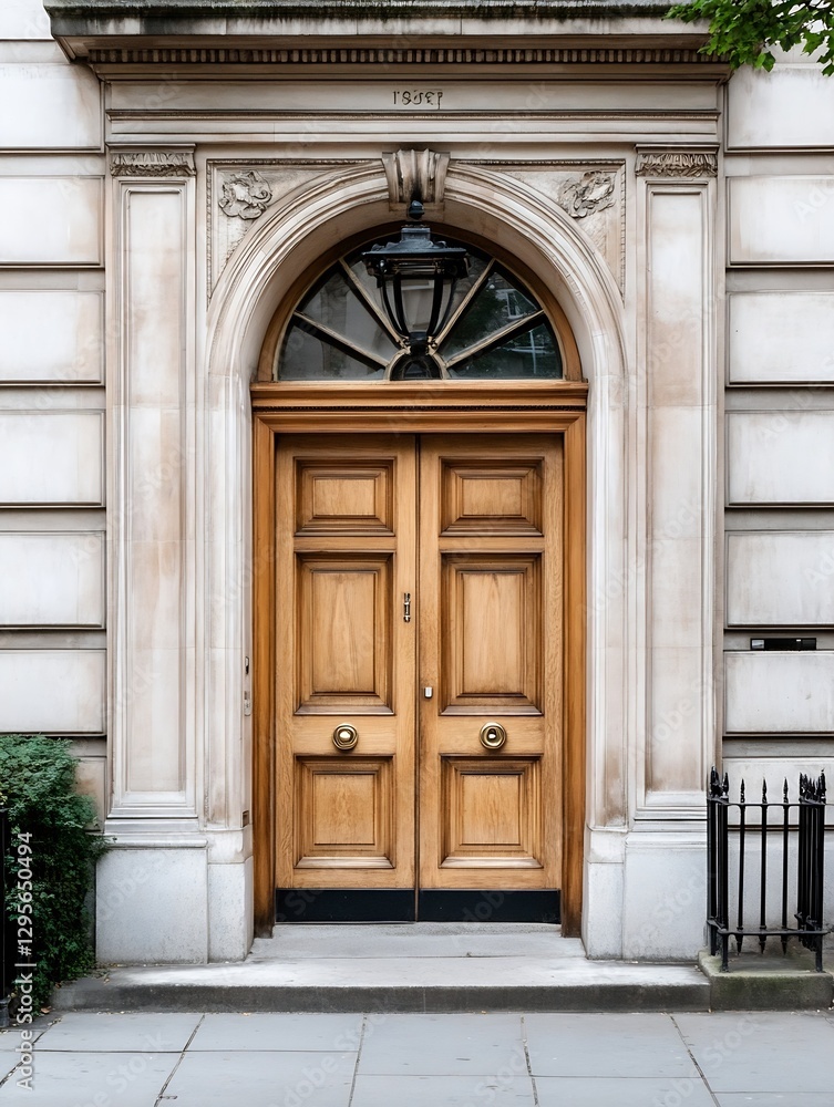 Poster elegant wooden double doors with classic design and beautiful architecture in an urban setting : gen