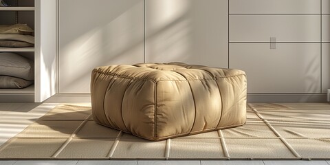 A tan ottoman sits in front of a white closet. Product presentation background 