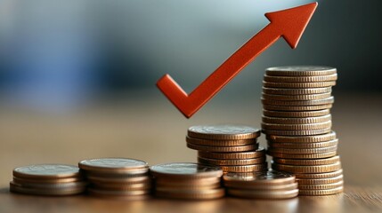 Rising stacks of coins with an upward arrow, symbolizing financial growth and success.