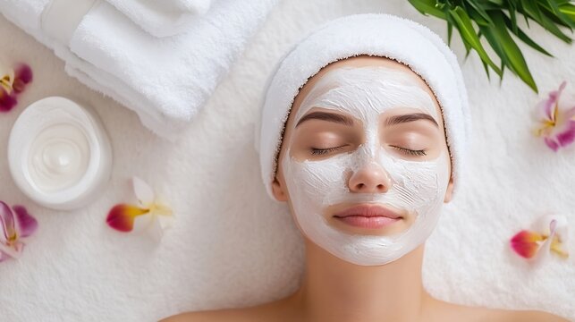 Young woman enjoying a facial mask treatment at a spa with fresh flowers and towels around her : Generative AI