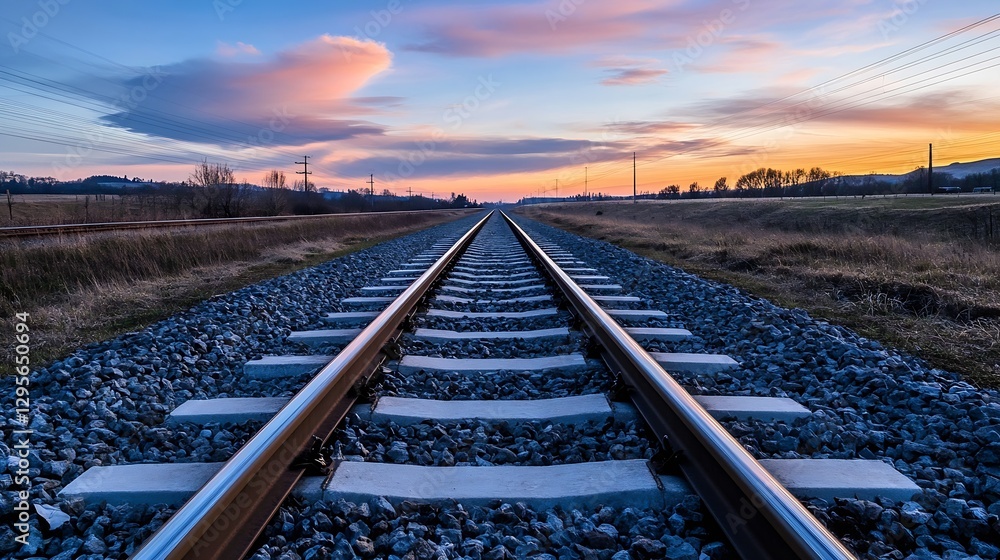 Aufkleber scenic view of railway tracks leading into the sunset surrounded by fields and distant hills : gener