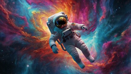Obraz premium Astronaut Floating in Colorful Cosmic Nebula – Surreal Space Adventure