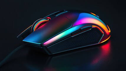 "A three-dimensional wireless gaming mouse with a metallic, iridescent, glossy finish. Set against a dark black background.