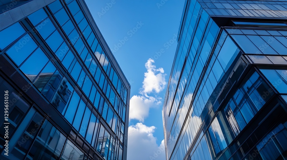 Poster modern urban architecture with reflective glass facades against a bright sky with fluffy clouds : ge