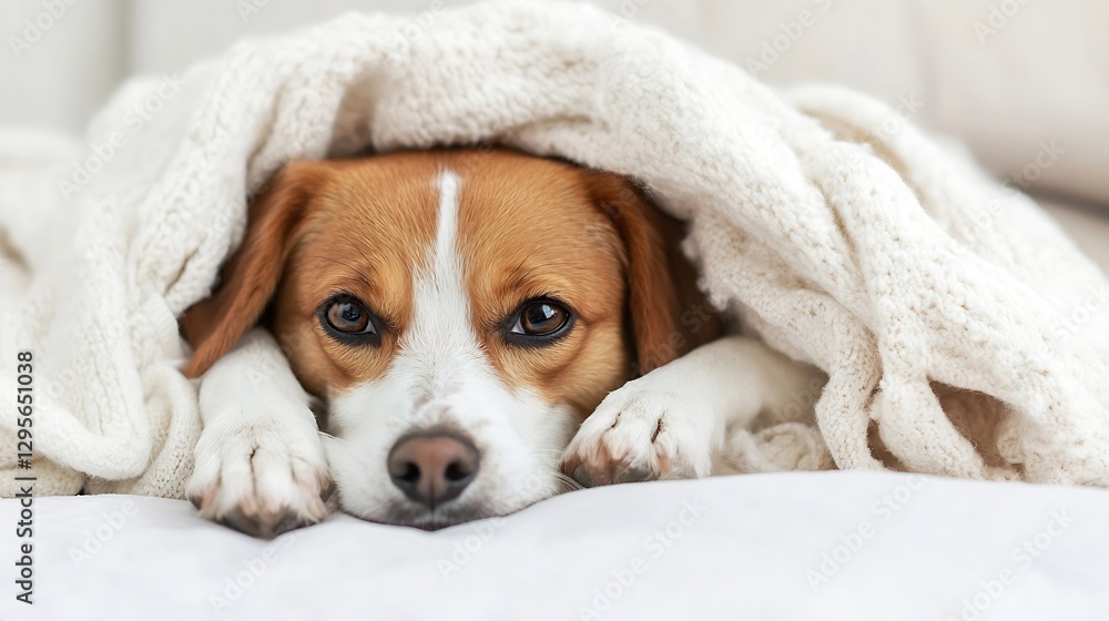 Poster Cute Beagle Dog Snuggled Under a Soft Blanket Looking Content : Generative AI