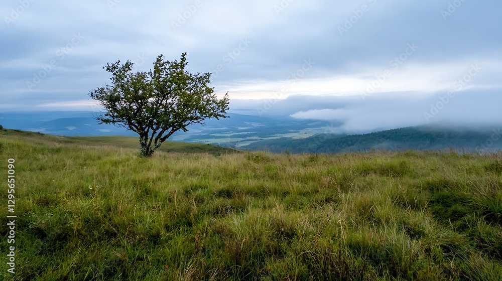 Poster lone tree standing in a tranquil grassy meadow beneath a cloudy sky with misty mountains in the dist