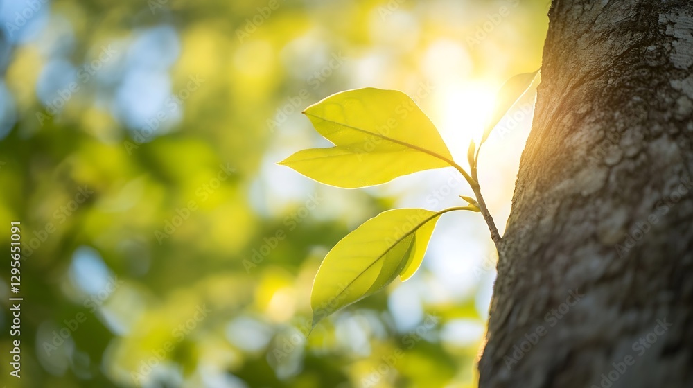 Aufkleber Fresh green leaves glowing in sunlight on a tree trunk in a serene nature setting : Generative AI
