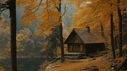 Rustic cabin nestled in an autumnal forest by a lake.