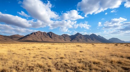 Fototapeta premium Vast arid landscape showcasing the beauty of rugged mountains and golden grass under a bright sky : Generative AI