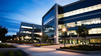 Illuminated Modern Office Building at Night with Lush Surroundings and Pathway Lighting : Generative AI