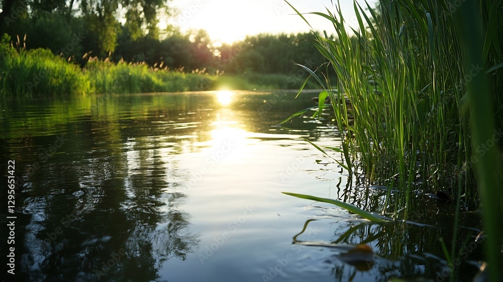 Leinwandbilder sunlight shimmering on a tranquil water surface surrounded by lush greenery creating a peaceful natu