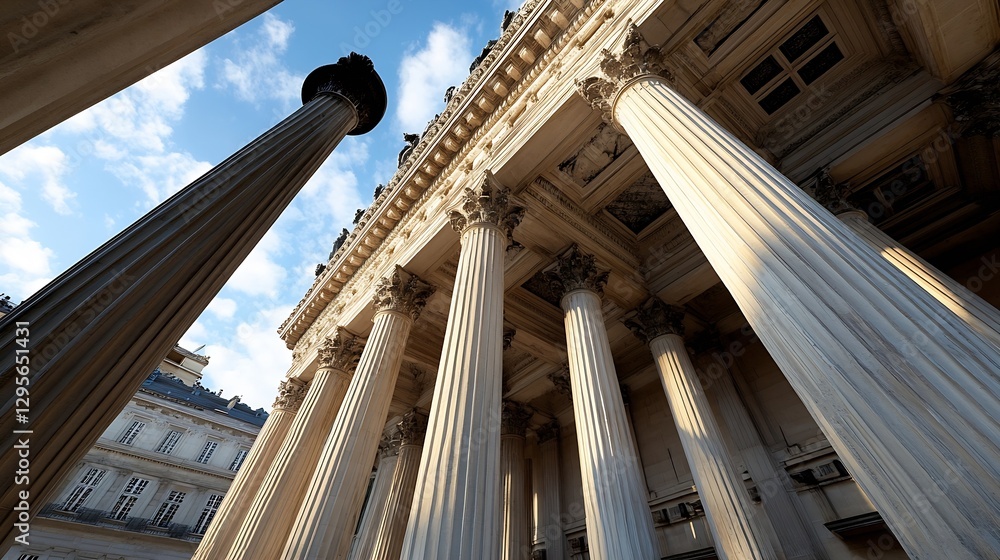Poster architectural detail of classic columns and ornate building facade under bright sky during the day :