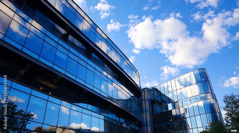 Poster Elegant modern architecture showcasing glass building surfaces reflecting the sky and clouds : Generative AI