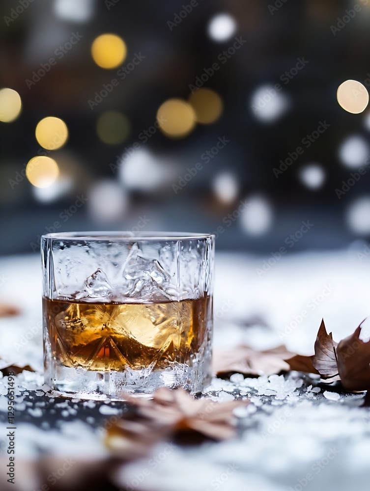 Poster a glass of whiskey on the rocks sits elegantly with autumn leaves and a blurred light background : g