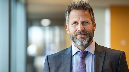 Fototapeta premium Confident businessman in suit standing in a modern office environment : Generative AI