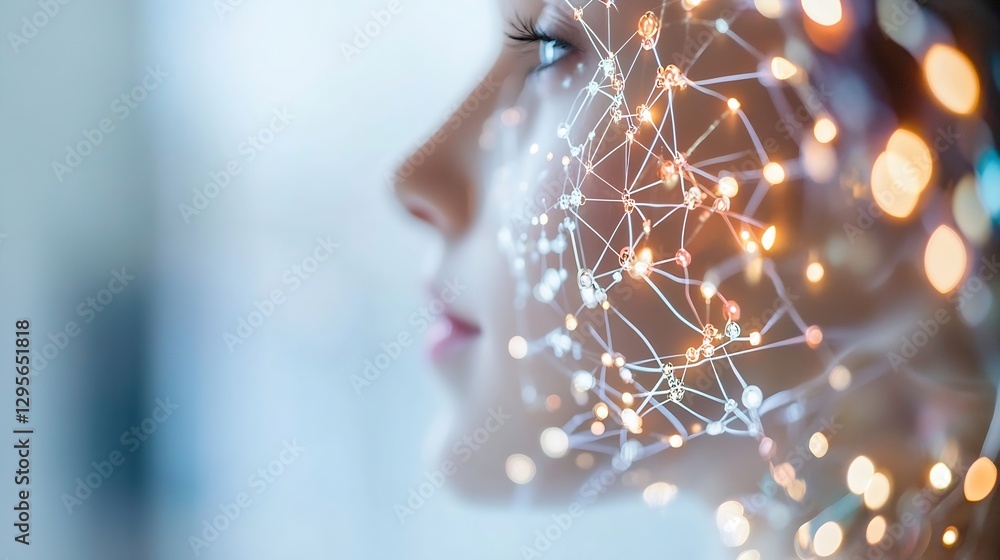 Poster artistic representation of a woman's profile with digital lines and lights illustrating connectivity