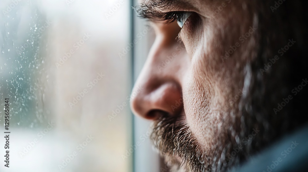 Aufkleber thoughtful man gazing out the window with raindrops highlighting his pensive expression : generative