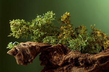 Old snags and juniper branches with berries on a green background.