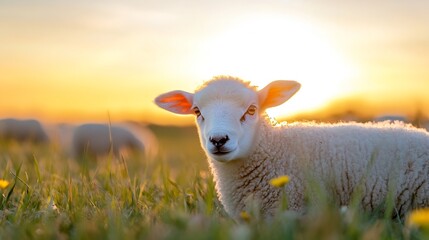 Adorable lamb standing in a sunlit meadow full of wildflowers during a serene sunset : Generative AI