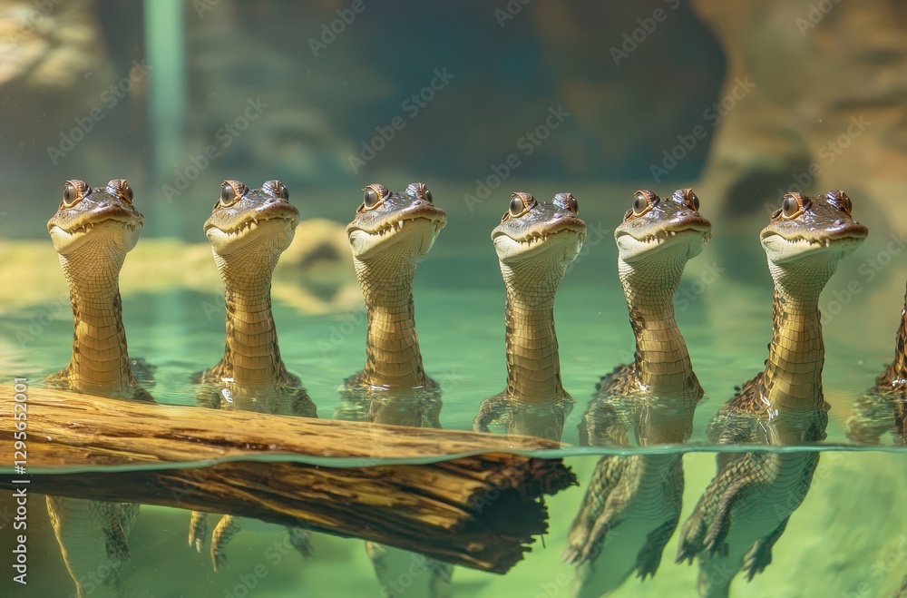 Poster group of seven alligators emerging from water with intriguing expressions and surrounding natural ha