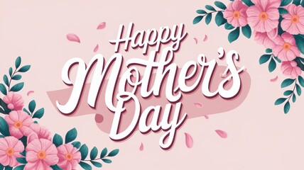 Naklejka premium Happy Mothers Day greeting card design with floral decorations, pink background, and elegant typography for celebrating moms and maternal love.