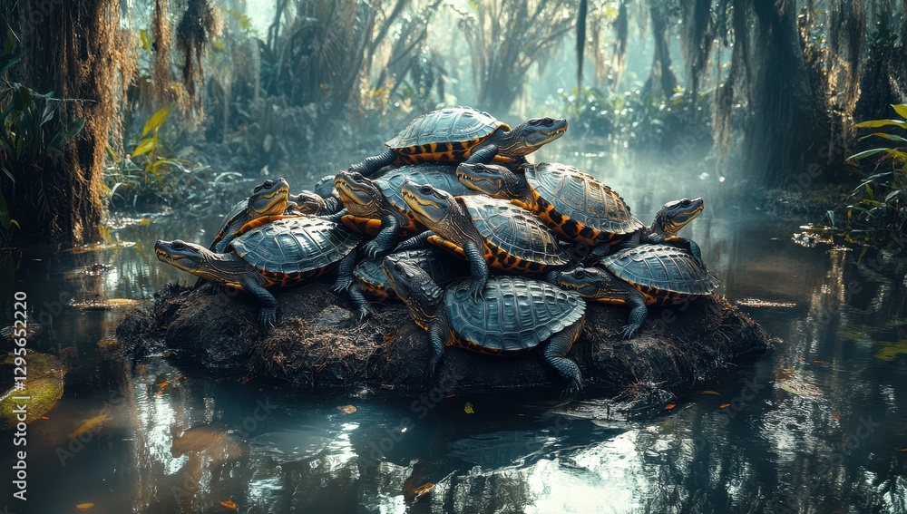 Poster Group of turtles basking on a log in a misty swamp surrounded by lush vegetation and still waters under soft sunlight filtering through trees