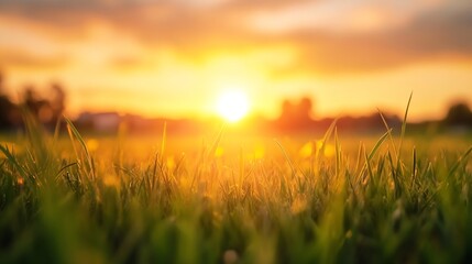 Beautiful closeup of lush green grass illuminated by the warm glow of a setting sun in a serene landscape : Generative AI