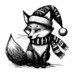 Fox Christmas line art drawing ink sketch vector hand drawn illustration background