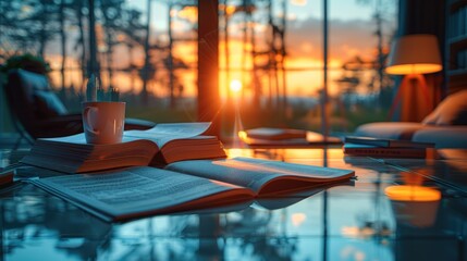 Books and coffee cup on a glass table, sunset view through large windows.