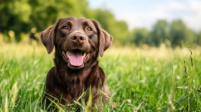 Happy brown Labrador retriever sitting in a green field on a sunny day with a joyful expression : Generative AI