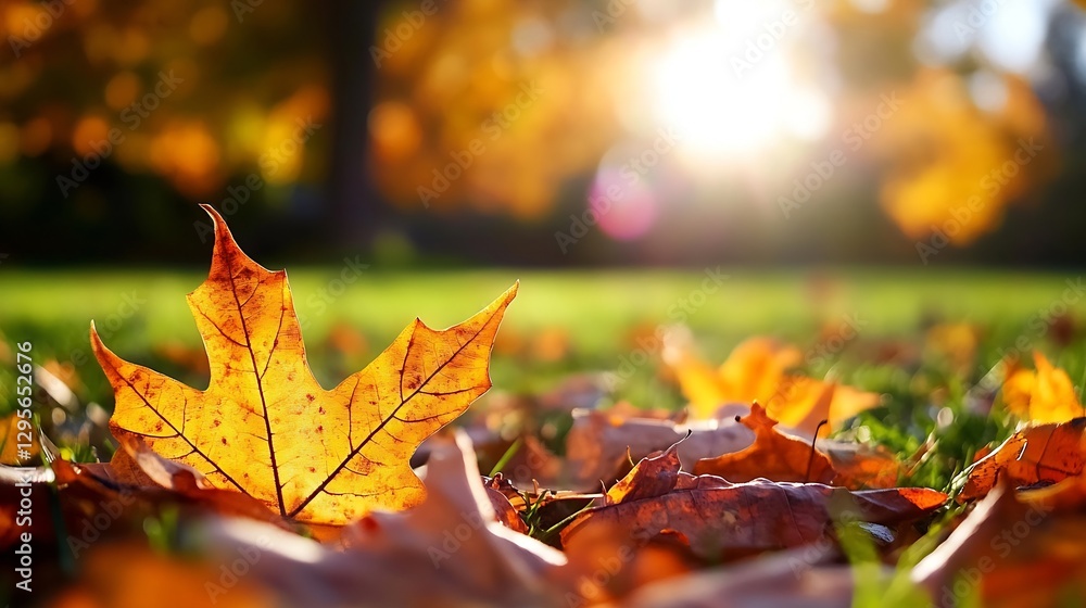 Poster Golden Autumn Leaves on the Ground with Sunlight Filtering Through Trees : Generative AI