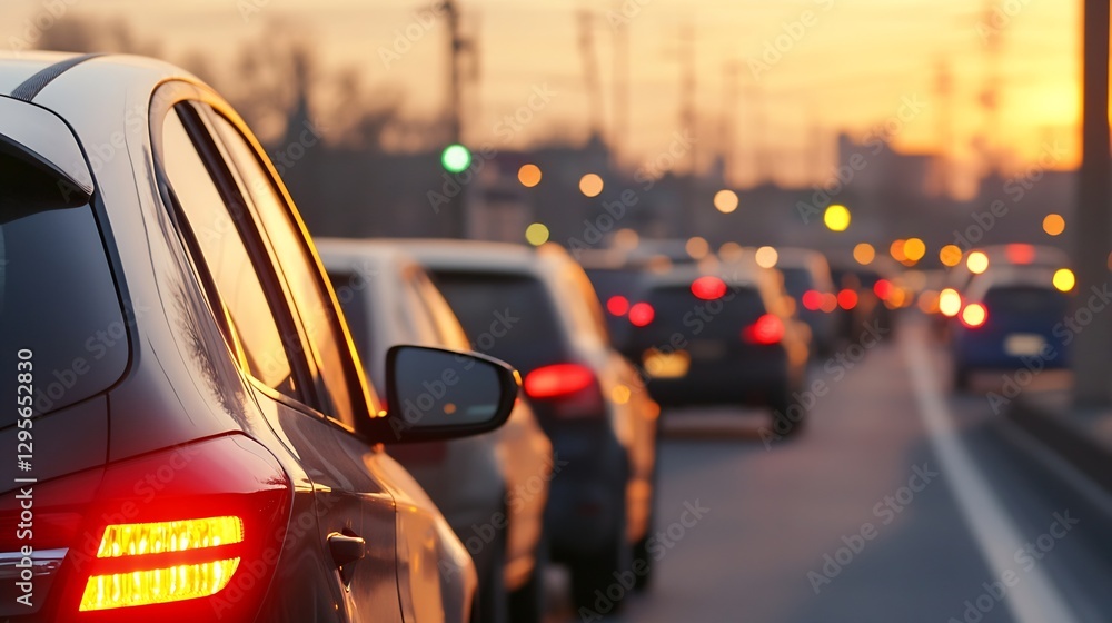 Aufkleber cars in traffic during sunset creating a blurred atmospheric effect with urban surroundings : genera