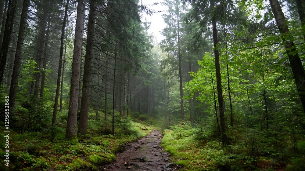 Aufkleber serene forest path leading through tall trees and lush greenery in a peaceful natural landscape : ge