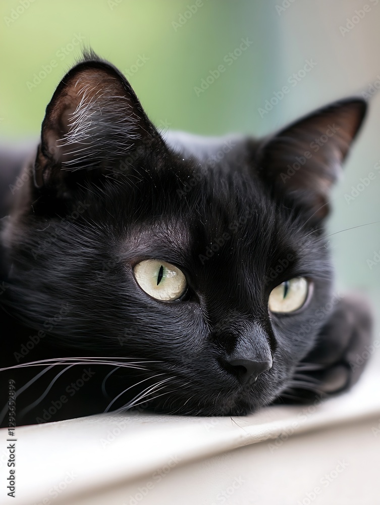 Poster close up of a black cat's face showcasing bright eyes and sleek fur resting in calm relaxation : gen