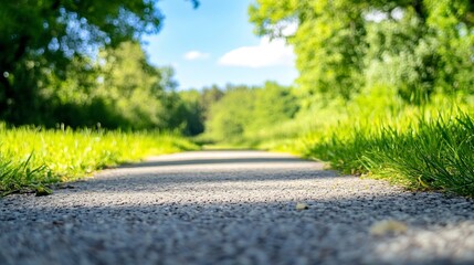 Fototapeta premium Scenic Pathway Surrounded by Lush Green Trees and Blue Sky : Generative AI