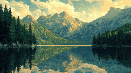 Serene pixel art landscape with evergreen trees and layered mountains reflecting on a tranquil lake, shaded by soft, golden clouds.