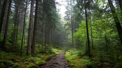 Obraz premium Serene forest path leading through tall trees and lush greenery in a peaceful natural landscape : Generative AI