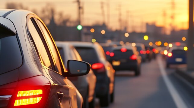 Cars in traffic during sunset creating a blurred atmospheric effect with urban surroundings : Generative AI