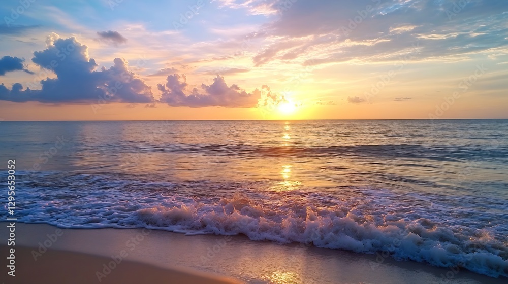 Poster stunning sunset over the ocean with clouds reflecting tranquil colors : generative ai
