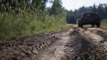 Rural Dirt Road with Vehicle in Natural Landscape Background : Generative AI