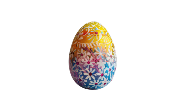 Colorful easter egg showing hand-painted floral design on transparent background