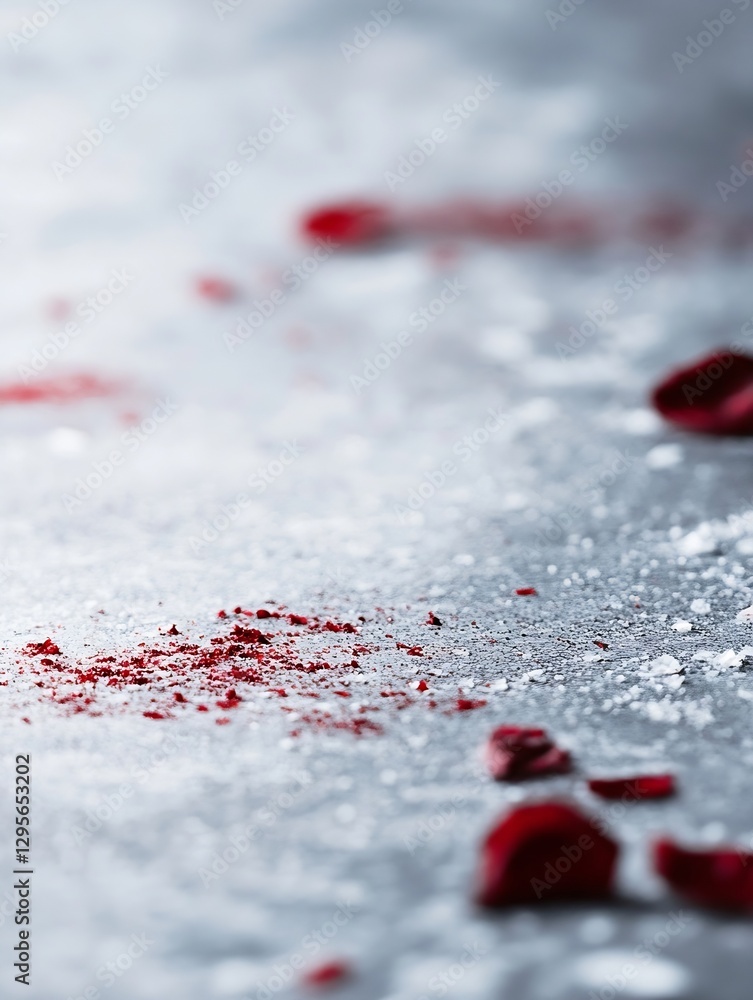 Poster Artistic view of red rose petals scattered on a gray surface creating a dramatic effect : Generative AI