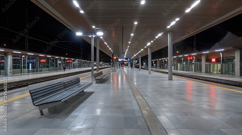 Aufkleber Spacious modern train station platform at night with bright lights and empty benches creating a calm atmosphere : Generative AI