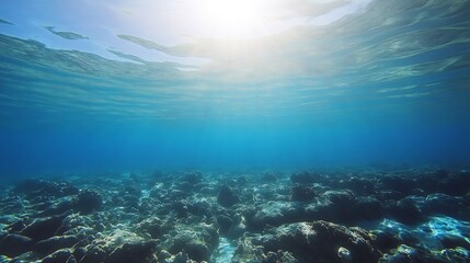 Obraz premium Underwater scene with sun rays illuminating ocean floor and coral reef environment : Generative AI