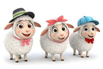 Playful 3D Cute Sheep Characters – Cheerful Cartoon Lambs Isolated on White