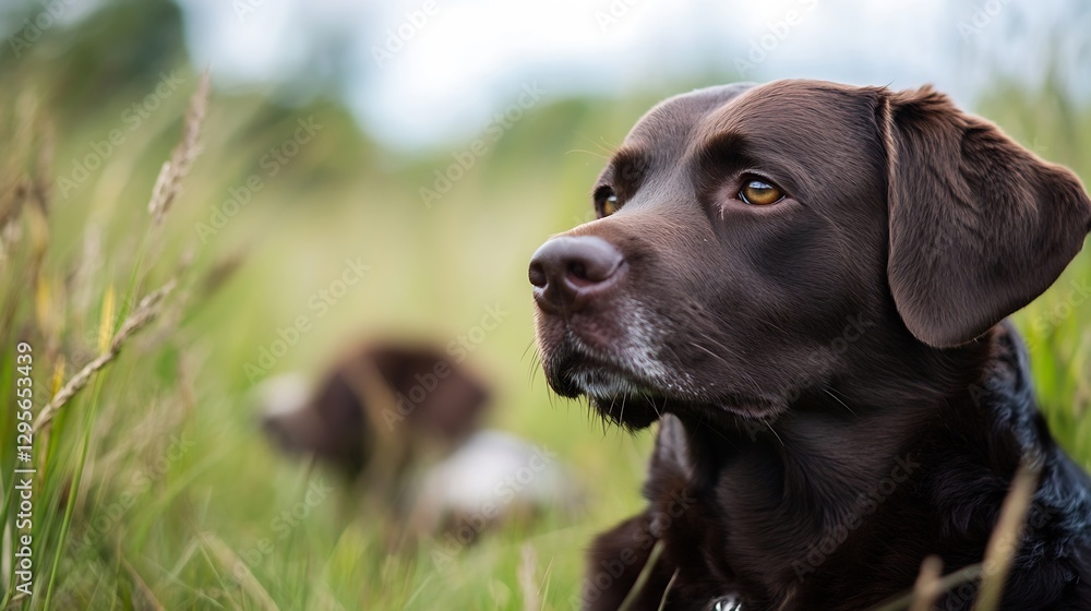 Poster thoughtful brown dog posing majestically in a tall grass meadow with a calm atmosphere : generative 
