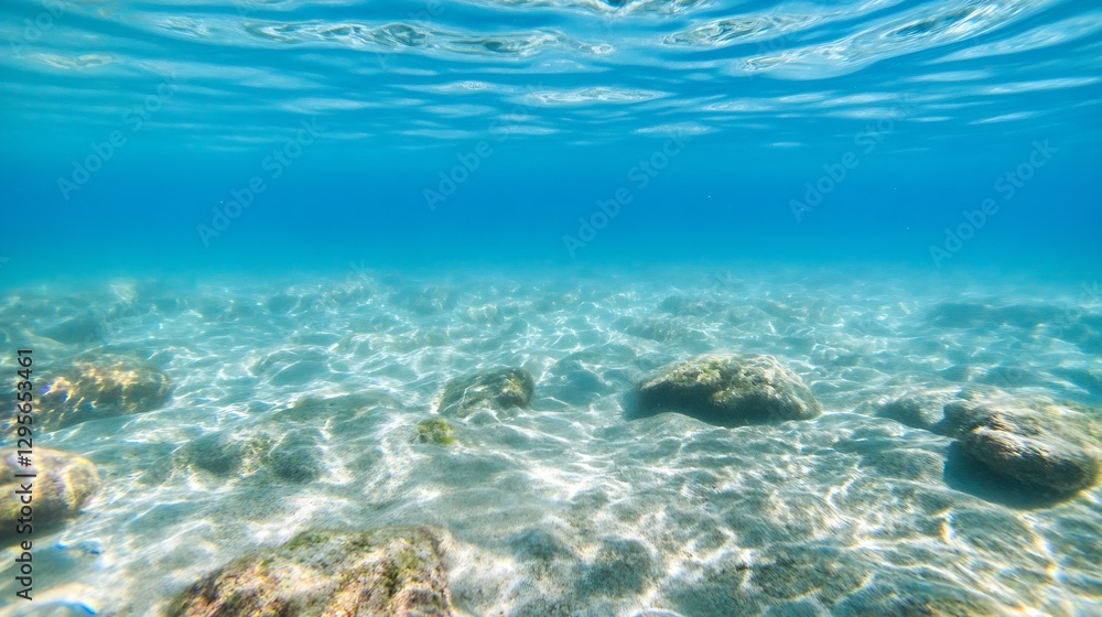 Poster crystal clear underwater view of rocks and coral under the ocean surface : generative ai