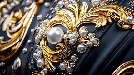Luxurious Golden and Pearl Decorative Design on Black Surface