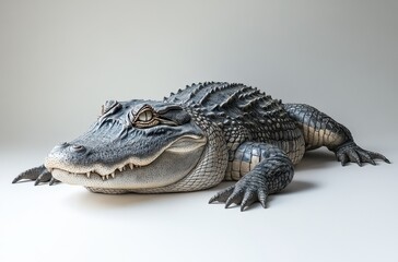 Obraz premium Hyper-realistic sculpture of an alligator lying on a white surface, showcasing intricate details in scales and texture, ideal for artistic or educational purposes